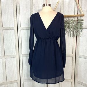 Akira Chicago Red Label Navy Blue Button Pleat Detail Long Sleeve Dress Medium